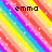 Rainbow striped background with diagonal bands of red, orange, yellow, green, blue, and purple, scattered white sparkles, and pixelated text reading 'emmo' on the left and 'grace' on the right.