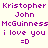 Pixelated purple text on light background displays repeated name and phrase with smiley face, arranged in two