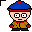 Pixelated character in blue hat with red trim, brown jacket, and dark pants displays multiple facial expressions including neutral, smiling, and green mouth animation.