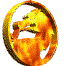 Golden circular icon with a stylized dragon head in profile, rotating through multiple angles against a gray background.