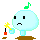 Pixelated character with light blue body, black eyes, and green musical note on head holding yellow tool with red tip; ground base shifts between solid brown patch and scattered dirt.
