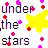 Pixelated text reads 'under the stars' in dark letters with scattered pink and red dots on a light background.