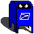 Six pixel-art frames of a blue mailbox-shaped character with animated eyes and mouth, displayed in a 3x2 contact sheet on gray background.