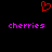 Red pixelated heart symbol above two identical purple text strings reading 'cherries' on a black background.