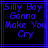 Blue pixelated text reading 'Silly Boy Gonna Make You Cry' inside a blue frame on black background