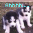 Pixelated image of two black-and-white puppies with blue text overlays reading "Ahhhh.... puppies" and "soooo CUTE!!!" on a grassy background.