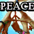 A pixelated image divided into four quadrants with text and symbols: 'PEACE' in black, 'LOVE' in red, a peace sign on a tent, hearts drawn in sand, 'HAPPINESS' in blue, and three icons below.