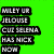 Green background with black text blocks reading 'MILEY UR JELOUSE CUI SELINA HAS NICK NOW' above two grayscale photos of people wearing sunglasses and a color photo of a person singing.