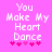 Pixelated text on pink background with heart symbols below, showing two animation frames where the middle hearts change color.