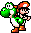 Pixel art of two characters: a green dinosaur and a human-like figure with red cap, white shirt, green overalls, brown shoes.