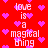 Red background with pink pixelated hearts and repeated white text reading 'love is a magical thing' in a pattern