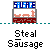 Animated sequence showing a yellow figure stealing a sausage from a red and gray container labeled 'SILFRE' with 'Steal Sausage' text below.