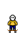 Pixelated character in yellow shirt and blue pants performing skateboarding actions on a brown board with white wheels.