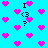 Pixelated cyan background with scattered pink hearts and repeated text "I <3 ?" in black, some instances of the text are partially obscured.