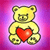 Pixelated yellow teddy bear holding a red heart against a pink-to-purple gradient background.