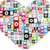 A heart-shaped collage of small, colorful pixelated icons in various styles and colors including red, blue, green, pink, orange, black, white, gray.