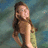 Pixelated image of a person with long brown hair wearing a sleeveless top, standing against a blurred blue-green background.