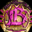 Pixelated circular icon with pink stylized text 'LB' at center, surrounded by swirling golden and purple patterns on black background.