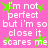 Pink background with white pixelated text repeating 'I'm not perfect but i'm so close it scares me' and green star symbols.