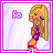 Pixelated cartoon girl with blonde hair covering her face, wearing purple top and pink boots against light purple background.