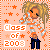 Pixel art contact sheet of six animated frames showing a cartoon girl with blonde hair in an orange and white outfit holding a phone, set against a peach background with stars and "Class of 2008" text.