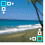 Animated beach scene with palm tree, ocean waves, and shifting cyan/white square icons in corners.