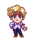 Pixel art character with blonde hair and purple outfit transitions through multiple states including standing, shadow form, and flame effects.