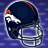 Dark blue football helmet with white horse logo and orange stripe, silver facemask on purple background.