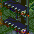 Pixelated image of a dark blue roller coaster track with green foliage and brown supports, featuring small white lights along the track.