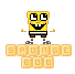 Pixelated yellow cartoon character with square eyes, brown shorts, and blue shoes stands above stacked text blocks reading 'SPONGE' then 'BOB'.