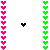 Pixelated icon with vertical of pink and green hearts, black downward-pointing triangles, and scattered green and black shapes on white background