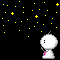 Pixelated white figure with pink base stands against black starry background; yellow stars and shooting stars animate across scene.
