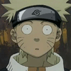 Anime character with spiky blonde hair and whisker marks wears gray headband with spiral symbol, white jacket over brown shirt, showing three facial expressions.