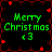 Green 'Merry Christmas' text with '<3' symbol on black background, surrounded by red star-like shapes in a
