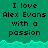 Pixelated text on a teal background with cyan wave-like border, repeating 'I love Alex Evans with a passion' across multiple sections.