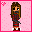Pixel art character with long brown hair and green eyes in a red and black checkered dress, standing against a pink polka-dot background with a small pink heart in the top-left corner.