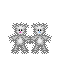 Two gray pixelated bears with white bellies stand side-by-side, holding hands; red hearts float above them in varying quantities and positions.