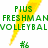 Green pixelated text reading 'PIUS FRESHMAN VOLLEYBAL' overlaid on a yellow lightning bolt against a white background.