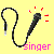 Pixelated microphone icon with black cord and red sound lines, labeled 'singer' in pink text on yellow background.