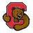Brown bear with closed eyes and a smile, wrapped in red C-shaped symbol on white background.