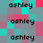 repeating 'ashley' text in black pixelated font over a background of cyan, pink, and gray squares