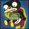 A cartoon character with a green body, yellow limbs, and a black head with large white eyes, wearing a red cape over a white shirt, against a blue background.