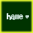 Dark green square with yellow border displays 'hane' text and small heart symbol; four identical
