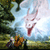 A static image of a dragon-like creature with red accents against a blurred outdoor background, overlaid with text elements.
