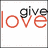 Red and black pixelated text 'love give' on white background with gray border, static image.