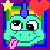 Pixelated character with turquoise face, rainbow hair, and blue horn-like structure against purple background.