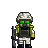 Pixel art character with green glowing eyes, wearing a camouflage helmet, gas mask, and tactical vest, holding a rifle against a gray background.