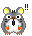 Pixelated hamster-like character with gray fur, yellow ears, and orange feet in two states: one with open mouth showing red tongue and black eyes, the other with closed mouth and white belly.