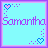 Four identical pixel-art with light blue backgrounds, purple borders, and the name "Samantha" in purple text, each featuring a heart symbol that changes color across frames