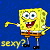 Pixelated yellow cartoon character with square body, white eyes, red mouth, brown shorts, and black shoes standing against blue background with text "sexy?" below.